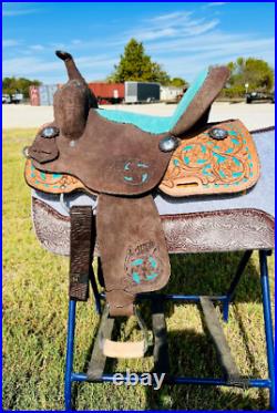 Western saddle Turquoise Kids Children Barrel Saddle With Floral Tooled 10to13