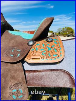 Western saddle Turquoise Kids Children Barrel Saddle With Floral Tooled 10to13