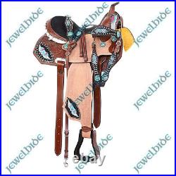 Wings Barrel Western Show Blue n Pink Heart Crystal Leather Saddle 10-18 F/s