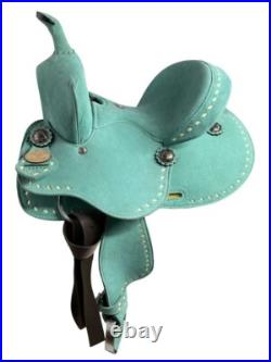 Youth Barrel Style Saddle Teal Rough Out White Buckstitch Full QH Bars 10 NEW