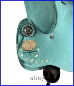 Youth Barrel Style Saddle Teal Rough Out White Buckstitch Full QH Bars 10 NEW
