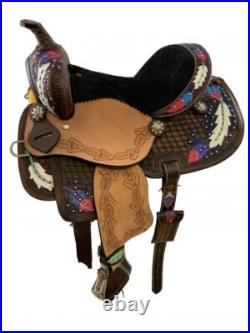 Youth Barrel Style Saddle with Hand Painted Feather Design 13 NEW