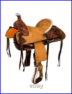 Youth Hard Seat Roper Style Saddle Rough Out & Floral Tooling Full QH 12 NEW