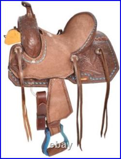 Youth Hard Seat Roping Style Saddle Tooling Teal Trim Full QH Bars 10 12 NEW
