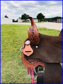 Youth-Kids Western Leather Horse Ranch Saddle, Floral, 10 to 13 Free Shipping