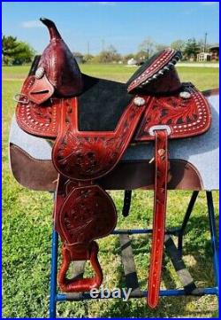 Youth-Kids western saddle Treeless Leather Horse barrel saddle Free Shipping