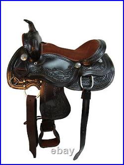 Youth Oak Floral Stamped Brown Seat Genuine Leather Black Mini Pony Horse Saddle