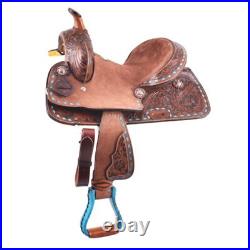 Youth Pony Hard Seat Barrel Style Saddle Turquoise Buckstitch Trim FQHB 10 NEW
