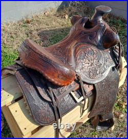 #h1250 14 Big Horn Western Show Saddle Beautiful Tooled Leather Free Shipping