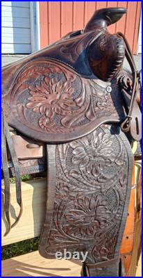 #h1250 14 Big Horn Western Show Saddle Beautiful Tooled Leather Free Shipping